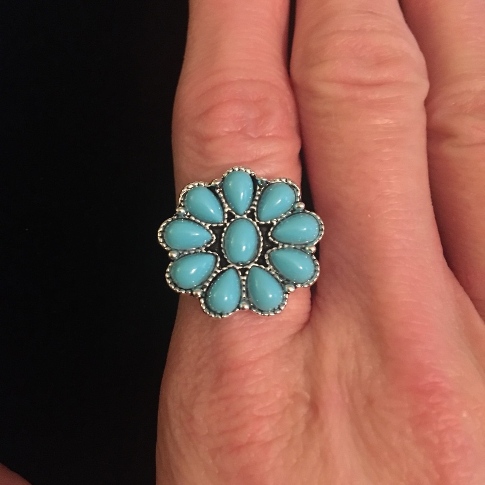Faux Turquoise Blue Color Stone Flower Fashion Jewelry Ring Size 9
